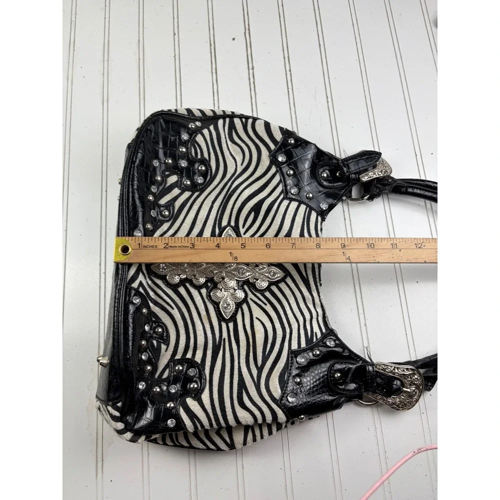 Western Cross Zebra Black Leather Vintage Y2K Studded Rhinestone Shoulder Bag